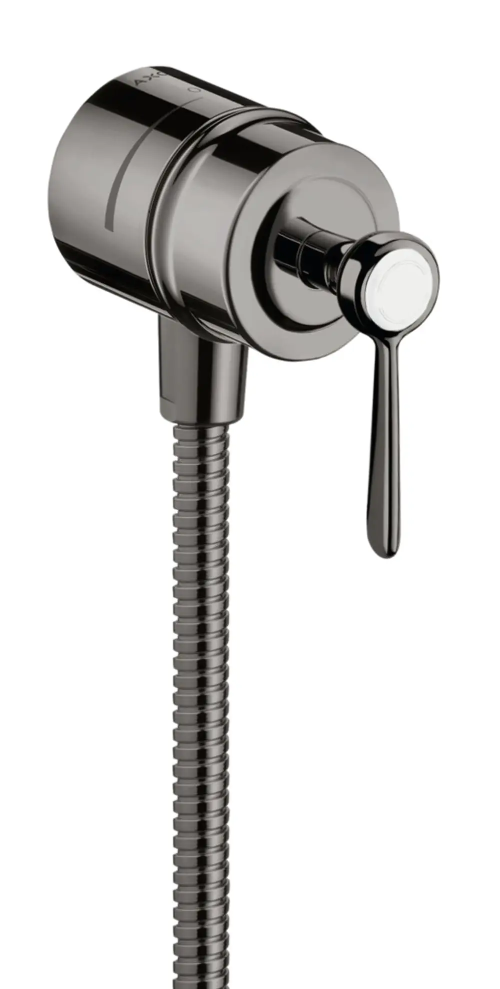 Wandanschluss mit Hebelgriff und Flexschlauch in poliertem Schwarzchrom. Ausführung von AXOR mit Rückflussverhinderer und Absperrventil.